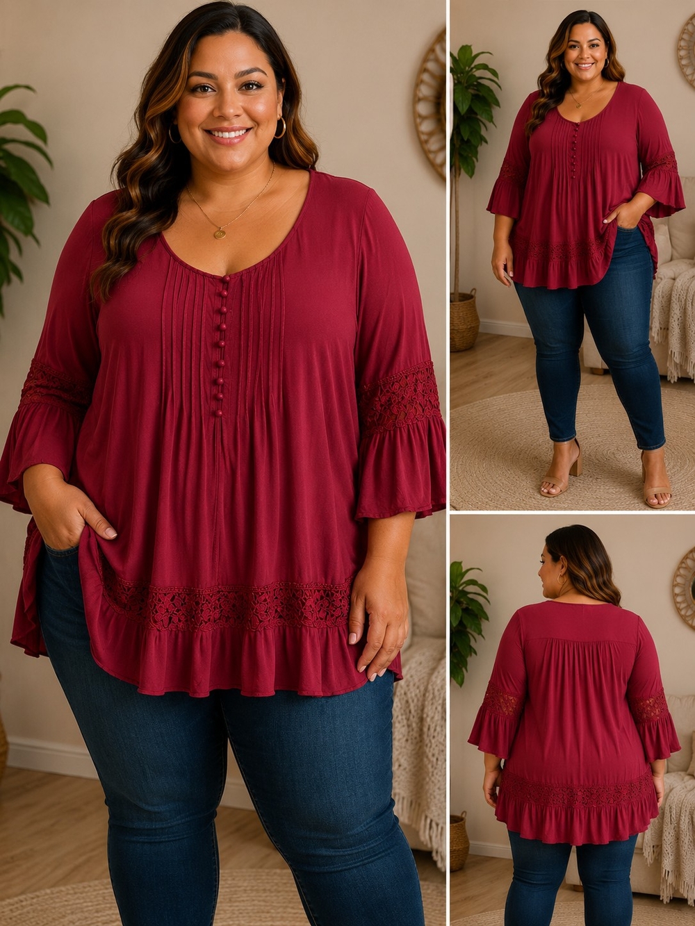 Plus-Size Burgundy Lace-Trim Tunic Top